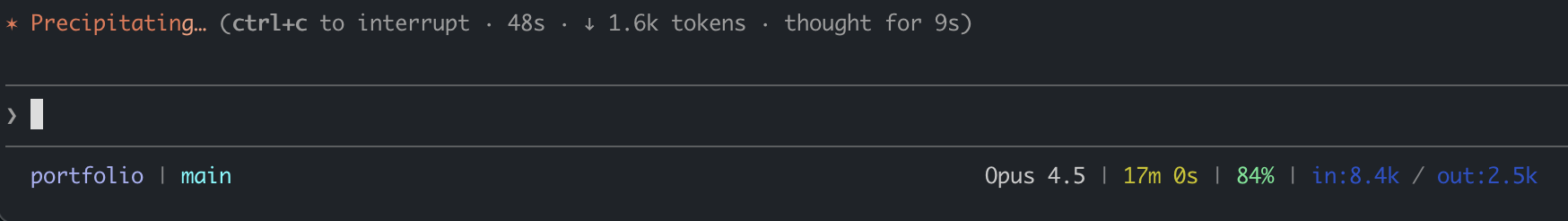 Custom status line showing git branch on the left, model and token metrics on the right
