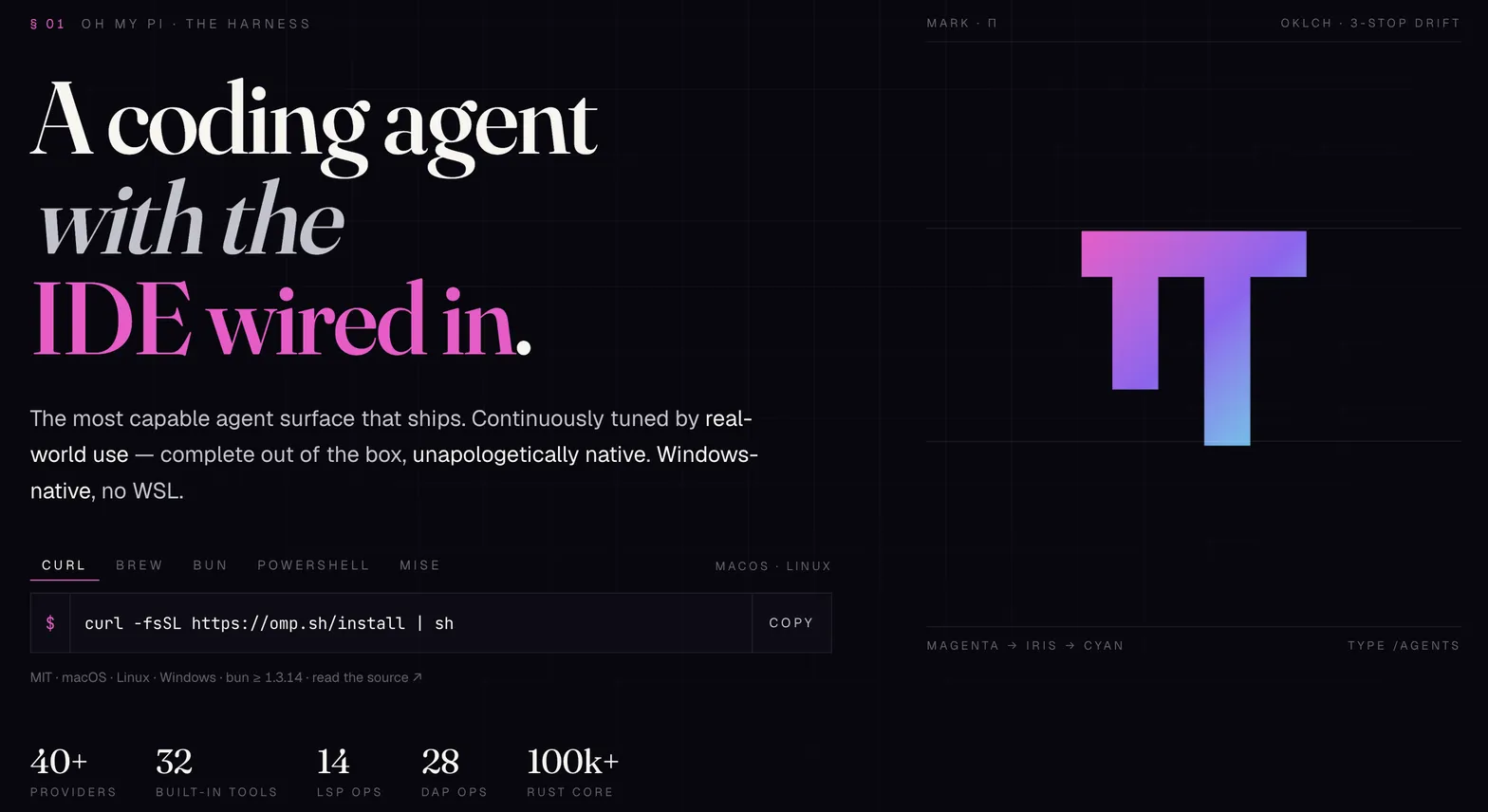 omp homepage hero: a coding agent with the IDE wired in