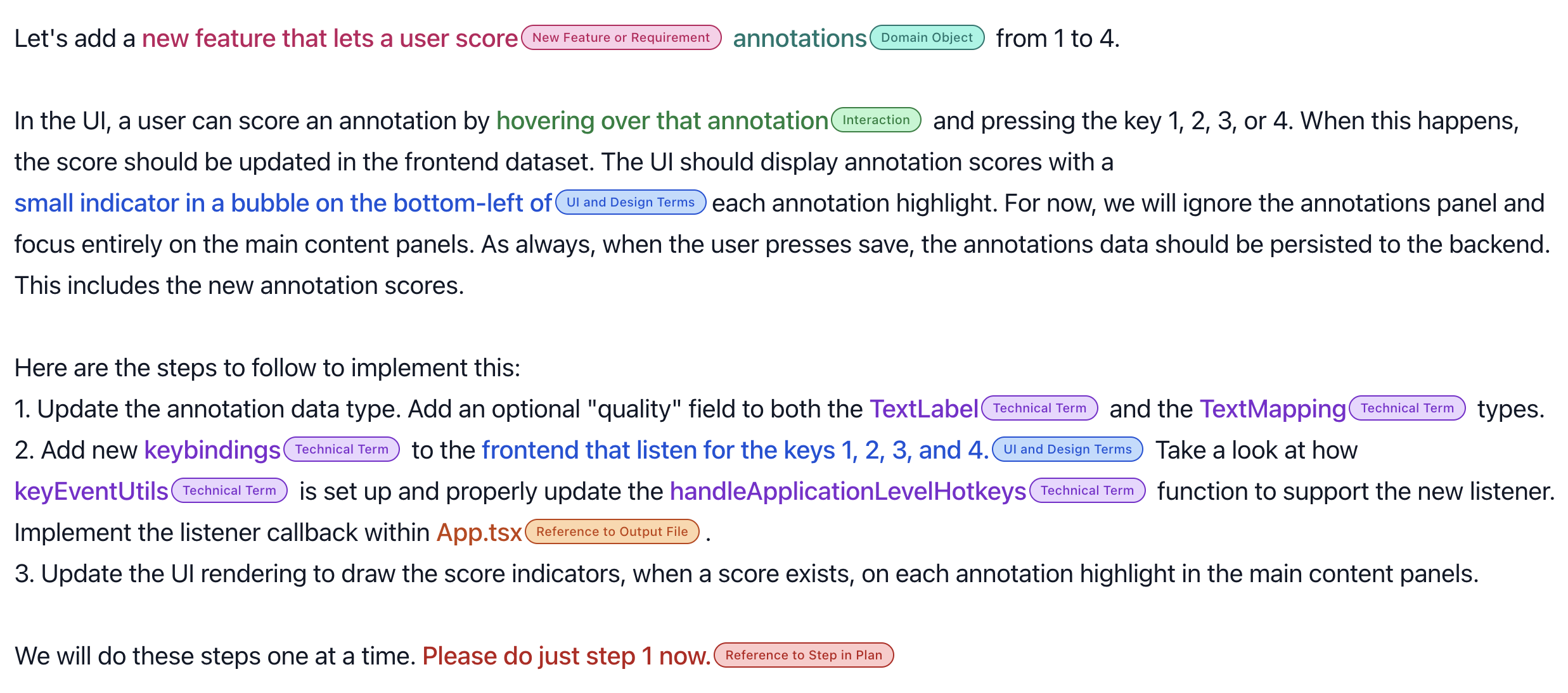 An example prompt from a study participant showing seven types of context embedded in a single prompt for implementing a full-stack feature